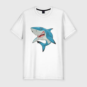 Мужская футболка хлопок Slim с принтом акула злая в Курске, 92% хлопок, 8% лайкра | приталенный силуэт, круглый вырез ворота, длина до линии бедра, короткий рукав | Тематика изображения на принте: акула | злая | зубы | море | океан | опасность | пасть | природа | рисунок | рыба