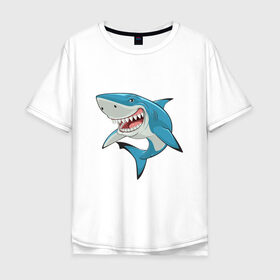 Мужская футболка хлопок Oversize с принтом акула злая в Курске, 100% хлопок | свободный крой, круглый ворот, “спинка” длиннее передней части | Тематика изображения на принте: акула | злая | зубы | море | океан | опасность | пасть | природа | рисунок | рыба