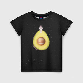 Детская футболка 3D с принтом Космокадо в Курске, 100% гипоаллергенный полиэфир | прямой крой, круглый вырез горловины, длина до линии бедер, чуть спущенное плечо, ткань немного тянется | avocado | drift | drifting | fruits | galaxy | milky | moon | planet | plant | ship | space | spaceship | star | suit | to | way | авокадо | галактика | звезда | корабль | космический | космонавт | космос | луна | млечный | планета | путь | растение | ска