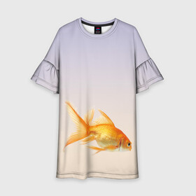 Детское платье 3D с принтом золотая рыбка в Курске, 100% полиэстер | прямой силуэт, чуть расширенный к низу. Круглая горловина, на рукавах — воланы | Тематика изображения на принте: аквариум | градиент | золотая рыбка | подводный мир | рыба | рыбешка | рыбка