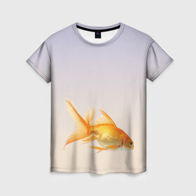Женская футболка 3D с принтом золотая рыбка в Курске, 100% полиэфир ( синтетическое хлопкоподобное полотно) | прямой крой, круглый вырез горловины, длина до линии бедер | аквариум | градиент | золотая рыбка | подводный мир | рыба | рыбешка | рыбка