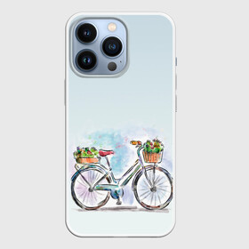 Чехол для iPhone 13 Pro с принтом акварельный велосипед в Курске,  |  | акварель | багажник | букет | велосипед | женский велик | корзинка | краска | мило | низкая рама | рисунок
