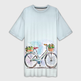 Платье-футболка 3D с принтом акварельный велосипед в Курске,  |  | акварель | багажник | букет | велосипед | женский велик | корзинка | краска | мило | низкая рама | рисунок
