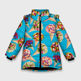 Зимняя куртка для девочек 3D с принтом Рожок цветов в Курске, ткань верха — 100% полиэстер; подклад — 100% полиэстер, утеплитель — 100% полиэстер. | длина ниже бедра, удлиненная спинка, воротник стойка и отстегивающийся капюшон. Есть боковые карманы с листочкой на кнопках, утяжки по низу изделия и внутренний карман на молнии. 

Предусмотрены светоотражающий принт на спинке, радужный светоотражающий элемент на пуллере молнии и на резинке для утяжки. | 8 марта | flower | flowers | букеты | женское | женщинам | март | рожок | рожок цветов | цветы