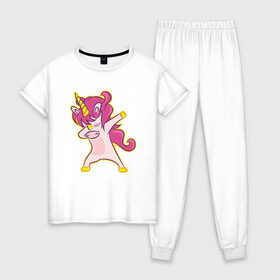 Женская пижама хлопок с принтом Dab unicorn в Курске, 100% хлопок | брюки и футболка прямого кроя, без карманов, на брюках мягкая резинка на поясе и по низу штанин | dab unicorn | unicorn | единорог | лошадка | танцующий единорог