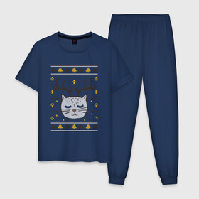 Мужская пижама хлопок с принтом Рождественский свитер с котом в Курске, 100% хлопок | брюки и футболка прямого кроя, без карманов, на брюках мягкая резинка на поясе и по низу штанин
 | food | mandarins | mem | meme | new year | sweater | ugly | в слюнявчике | еда | жрать | жрац | кот | котяра | кушац | кушот | мем | мем с котом | мемы | неси | новый год | оливье | прикол | рождество | свитер | слюнявчик