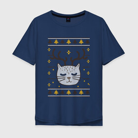 Мужская футболка хлопок Oversize с принтом Рождественский свитер с котом в Курске, 100% хлопок | свободный крой, круглый ворот, “спинка” длиннее передней части | food | mandarins | mem | meme | new year | sweater | ugly | в слюнявчике | еда | жрать | жрац | кот | котяра | кушац | кушот | мем | мем с котом | мемы | неси | новый год | оливье | прикол | рождество | свитер | слюнявчик