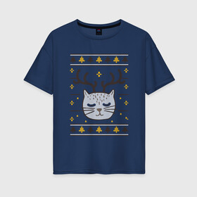 Женская футболка хлопок Oversize с принтом Рождественский свитер с котом в Курске, 100% хлопок | свободный крой, круглый ворот, спущенный рукав, длина до линии бедер
 | food | mandarins | mem | meme | new year | sweater | ugly | в слюнявчике | еда | жрать | жрац | кот | котяра | кушац | кушот | мем | мем с котом | мемы | неси | новый год | оливье | прикол | рождество | свитер | слюнявчик
