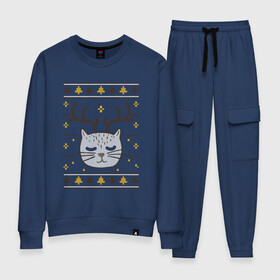 Женский костюм хлопок с принтом Рождественский свитер с котом в Курске, 100% хлопок | на свитшоте круглая горловина, мягкая резинка по низу. Брюки заужены к низу, на них два вида карманов: два 