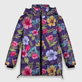 Женская зимняя куртка Oversize с принтом Весенний букет из цветов в Курске, верх — 100% полиэстер; подкладка — 100% полиэстер; утеплитель — 100% полиэстер | длина ниже бедра, силуэт Оверсайз. Есть воротник-стойка, отстегивающийся капюшон и ветрозащитная планка. 

Боковые карманы с листочкой на кнопках и внутренний карман на молнии | Тематика изображения на принте: blue | flora | floral | flower | flowers | melody | pattern | romantic | spring | violet | бутон | бутоны | весна | день женщин | для девушек | для женщин | женский день | маки | полевые | праздник | романтика | узор | флора | флористика