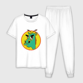 Мужская пижама хлопок с принтом Зеленый дракон в стиле ретро в Курске, 100% хлопок | брюки и футболка прямого кроя, без карманов, на брюках мягкая резинка на поясе и по низу штанин
 | cartoon | cringe | crush | cute | dragon | fashion | hipster | merch | retro | vintage | винтаж | драго | дракон мерч | краш | кринж | мерч | милота | мультфильм | потертости | прикол | пятна | сережка | серьга | стиль | трещины | упоротый | 