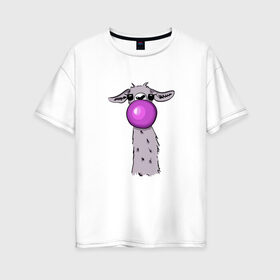 Женская футболка хлопок Oversize с принтом Лама в Курске, 100% хлопок | свободный крой, круглый ворот, спущенный рукав, длина до линии бедер
 | bubble gum | lama | no drama | баблгам | бубльгум | лама | лама с жвачкой | пузырь