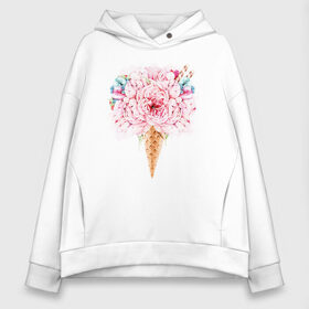 Женское худи Oversize хлопок с принтом Flowers ice cream в Курске, френч-терри — 70% хлопок, 30% полиэстер. Мягкий теплый начес внутри —100% хлопок | боковые карманы, эластичные манжеты и нижняя кромка, капюшон на магнитной кнопке | Тематика изображения на принте: 8 марта | girl | woman | бабушка | весна | девушкам | девушке | девушки | женский | листья | мама | март | пионы | подарок | тренд | цветочки | цветы