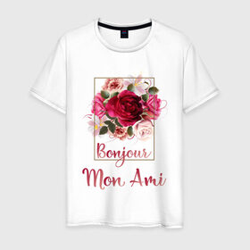 Мужская футболка хлопок с принтом Bonjour Mon Ami Bonjour Друг в Курске, 100% хлопок | прямой крой, круглый вырез горловины, длина до линии бедер, слегка спущенное плечо. | bonjour mon ami | floral | love | paris | travel | весна | девушка | любовь | мода | париж | стиль | счастье | франция | французская поговорка | французский язык | хорошее настроение | цветы