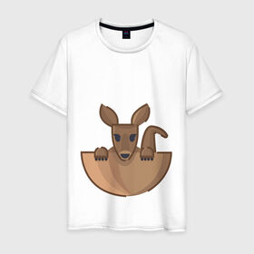Мужская футболка хлопок с принтом Кенгуренок в сумке в Курске, 100% хлопок | прямой крой, круглый вырез горловины, длина до линии бедер, слегка спущенное плечо. | animals | australia | baby | bag | cute | ears | eyes | jump | kangaroo | leap | mother | nose | paws | pocket | sack | shadow | tail | австралия | глаза | детеныш | животные | карман | кенгуренок | кенгуру | лапы | мама | мешок | милый | нос | няшный | п