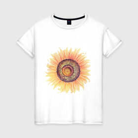 Женская футболка хлопок с принтом большой подсолнух рисунок в Курске, 100% хлопок | прямой крой, круглый вырез горловины, длина до линии бедер, слегка спущенное плечо | акварель | желтый | краска | лето | оранжевый | подсолнухи | рисунок | рубэкия | румбекия | солнце | цветы | ярко