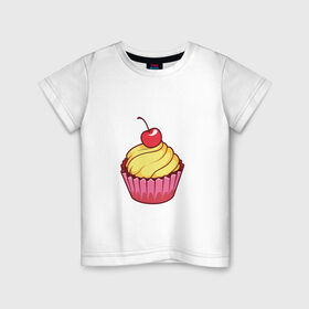 Детская футболка хлопок с принтом кекс с вишней в Курске, 100% хлопок | круглый вырез горловины, полуприлегающий силуэт, длина до линии бедер | вишенка | вишня | вкусняшка | десерт | еда | желтый | кекс | кексик | крем | нямка | праздник | розовый | сладости | торт | тортик