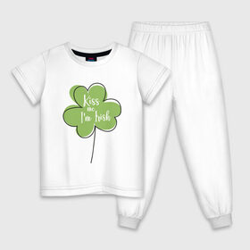 Детская пижама хлопок с принтом День святого Патрика - Kiss me в Курске, 100% хлопок |  брюки и футболка прямого кроя, без карманов, на брюках мягкая резинка на поясе и по низу штанин
 | kiss me i am irish | день святого патрика | зеленый | ирландия | клевер | листик | мультяшный | на английском | надпись | патрик | подарок | прикол | символ