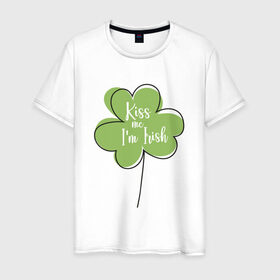 Мужская футболка хлопок с принтом День святого Патрика - Kiss me в Курске, 100% хлопок | прямой крой, круглый вырез горловины, длина до линии бедер, слегка спущенное плечо. | kiss me i am irish | день святого патрика | зеленый | ирландия | клевер | листик | мультяшный | на английском | надпись | патрик | подарок | прикол | символ