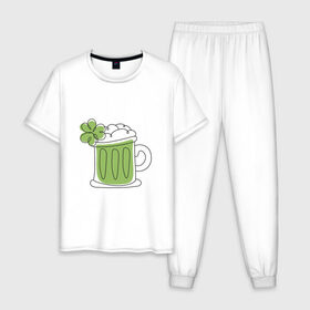 Мужская пижама хлопок с принтом День святого Патрика - Пиво в Курске, 100% хлопок | брюки и футболка прямого кроя, без карманов, на брюках мягкая резинка на поясе и по низу штанин
 | день святого патрика | зеленый | ирландия | клевер | кружка | листик | мультяшный | патрик | пена | пить | подарок | прикол | символ