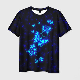Мужская футболка 3D с принтом Неоновые бабочки в Курске, 100% полиэфир | прямой крой, круглый вырез горловины, длина до линии бедер | butterfly | dream | fantasy | neon | space | stars | wings | бабочки | бабочки космос | блестящие | весна | вселенная | галактика | голубые бабочки | девочкам | девушкам | звезды | космические | космос | крыя | лето
