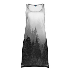 Платье-майка 3D с принтом Туманный лес в Курске, 100% полиэстер | полуприлегающий силуэт, широкие бретели, круглый вырез горловины, удлиненный подол сзади. | tegunvteg | деревья | лес | листья | природа | темный лес | туман | туманный лес