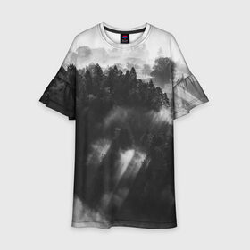 Детское платье 3D с принтом Туман в лесу в Курске, 100% полиэстер | прямой силуэт, чуть расширенный к низу. Круглая горловина, на рукавах — воланы | Тематика изображения на принте: tegunvteg | деревья | лес | листья | природа | темный лес | туман