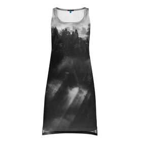 Платье-майка 3D с принтом Туман в лесу в Курске, 100% полиэстер | полуприлегающий силуэт, широкие бретели, круглый вырез горловины, удлиненный подол сзади. | tegunvteg | деревья | лес | листья | природа | темный лес | туман