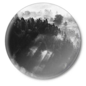 Значок с принтом Туман в лесу в Курске,  металл | круглая форма, металлическая застежка в виде булавки | tegunvteg | деревья | лес | листья | природа | темный лес | туман