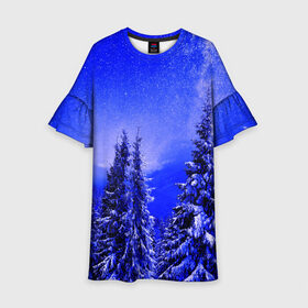 Детское платье 3D с принтом Зимний лес в Курске, 100% полиэстер | прямой силуэт, чуть расширенный к низу. Круглая горловина, на рукавах — воланы | tegunvteg | деревья | зима | зимний лес | лес | листья | мороз | природа | снег | темный лес