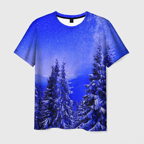 Мужская футболка 3D с принтом Зимний лес в Курске, 100% полиэфир | прямой крой, круглый вырез горловины, длина до линии бедер | Тематика изображения на принте: tegunvteg | деревья | зима | зимний лес | лес | листья | мороз | природа | снег | темный лес