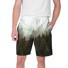 Мужские шорты 3D с принтом Деревья в Курске,  полиэстер 100% | прямой крой, два кармана без застежек по бокам. Мягкая трикотажная резинка на поясе, внутри которой широкие завязки. Длина чуть выше колен | tegunvteg | деревья | лес | листья | природа | темный лес | туман