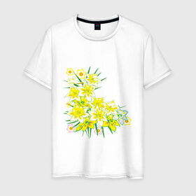 Мужская футболка хлопок с принтом Желтые нарциссы в Курске, 100% хлопок | прямой крой, круглый вырез горловины, длина до линии бедер, слегка спущенное плечо. | букет | весна | восьмерка | женский день | нарцисс | нарциссы | праздник | рисунок | уголок | цветы