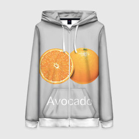 Женская толстовка 3D на молнии с принтом Orange avocado в Курске, 100% полиэстер | длина до линии бедра, манжеты и пояс оформлены мягкой тканевой резинкой, двухслойный капюшон со шнурком для регулировки, спереди молния, по бокам два кармана | avocado | grey | orange | авокадо | апельсин | серый