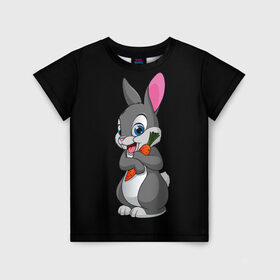 Детская футболка 3D с принтом ЗАЙКА в Курске, 100% гипоаллергенный полиэфир | прямой крой, круглый вырез горловины, длина до линии бедер, чуть спущенное плечо, ткань немного тянется | Тематика изображения на принте: bunny | cartoon | hare | rabbit | белый | зайчик | заяц | кролик | морковка | мультик | серый