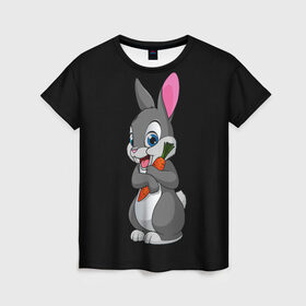 Женская футболка 3D с принтом ЗАЙКА в Курске, 100% полиэфир ( синтетическое хлопкоподобное полотно) | прямой крой, круглый вырез горловины, длина до линии бедер | bunny | cartoon | hare | rabbit | белый | зайчик | заяц | кролик | морковка | мультик | серый