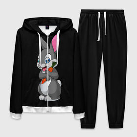 Мужской костюм 3D с принтом ЗАЙКА в Курске, 100% полиэстер | Манжеты и пояс оформлены тканевой резинкой, двухслойный капюшон со шнурком для регулировки, карманы спереди | Тематика изображения на принте: bunny | cartoon | hare | rabbit | белый | зайчик | заяц | кролик | морковка | мультик | серый