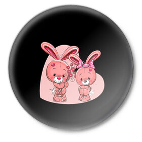 Значок с принтом ЗАЙЧИКИ в Курске,  металл | круглая форма, металлическая застежка в виде булавки | bunny | cartoon | hare | rabbit | зайка | заяц | кролик | мультик | розовый | цветы