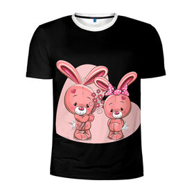 Мужская футболка 3D спортивная с принтом ЗАЙЧИКИ в Курске, 100% полиэстер с улучшенными характеристиками | приталенный силуэт, круглая горловина, широкие плечи, сужается к линии бедра | Тематика изображения на принте: bunny | cartoon | hare | rabbit | зайка | заяц | кролик | мультик | розовый | цветы