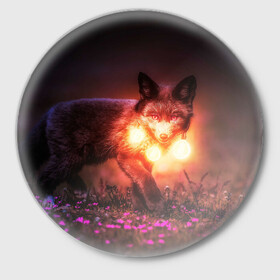 Значок с принтом Лисица с фонариками в Курске,  металл | круглая форма, металлическая застежка в виде булавки | fox | foxy | животное | звери | лиса | лисенок | лисичка | милая | рыжая | фокс