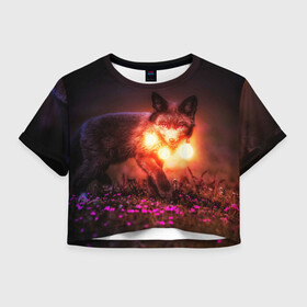 Женская футболка Crop-top 3D с принтом Лисица с фонариками в Курске, 100% полиэстер | круглая горловина, длина футболки до линии талии, рукава с отворотами | fox | foxy | животное | звери | лиса | лисенок | лисичка | милая | рыжая | фокс