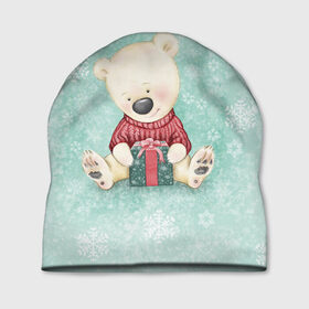 Шапка 3D с принтом Медвежонок с подарком в Курске, 100% полиэстер | универсальный размер, печать по всей поверхности изделия | зима | медвежонок | новый год | подарок | рождество | свитер | снежинки