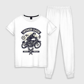 Женская пижама хлопок с принтом кафе гонщик классический в Курске, 100% хлопок | брюки и футболка прямого кроя, без карманов, на брюках мягкая резинка на поясе и по низу штанин | motorcycle | racer | гонщик | мотоцикл