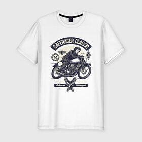 Мужская футболка хлопок Slim с принтом кафе гонщик классический в Курске, 92% хлопок, 8% лайкра | приталенный силуэт, круглый вырез ворота, длина до линии бедра, короткий рукав | Тематика изображения на принте: motorcycle | racer | гонщик | мотоцикл