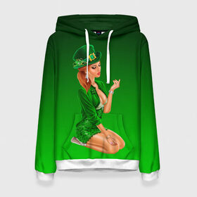 Женская толстовка 3D с принтом девушка лепрекон в зеленом в Курске, 100% полиэстер  | двухслойный капюшон со шнурком для регулировки, мягкие манжеты на рукавах и по низу толстовки, спереди карман-кенгуру с мягким внутренним слоем. | 17 марта | девушка | день святого патрика | зеленый | зеленый костюм | ирландия | клевер | кружка | лепрекон | модель | монеты | рисунок | традиции | эль