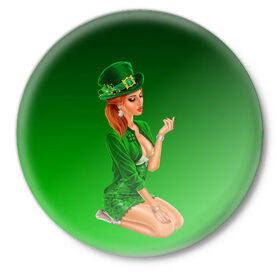 Значок с принтом девушка лепрекон в зеленом в Курске,  металл | круглая форма, металлическая застежка в виде булавки | 17 марта | девушка | день святого патрика | зеленый | зеленый костюм | ирландия | клевер | кружка | лепрекон | модель | монеты | рисунок | традиции | эль