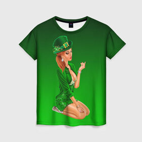 Женская футболка 3D с принтом девушка лепрекон в зеленом в Курске, 100% полиэфир ( синтетическое хлопкоподобное полотно) | прямой крой, круглый вырез горловины, длина до линии бедер | 17 марта | девушка | день святого патрика | зеленый | зеленый костюм | ирландия | клевер | кружка | лепрекон | модель | монеты | рисунок | традиции | эль