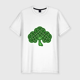 Мужская футболка хлопок Slim с принтом кельтский клевер в Курске, 92% хлопок, 8% лайкра | приталенный силуэт, круглый вырез ворота, длина до линии бедра, короткий рукав | Тематика изображения на принте: 17 марта | день святого патрика | дерево | зеленый | ирландия | кельтский узор | клевер | рисунок | традиции | трехлистник