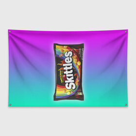 Флаг-баннер с принтом Skittles | Черный в Курске, 100% полиэстер | размер 67 х 109 см, плотность ткани — 95 г/м2; по краям флага есть четыре люверса для крепления | black | skittles | sweet heat | градиент | зеленый | радуга | розовый | синий | скитлс | черный