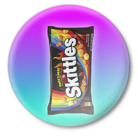 Значок с принтом Skittles | Черный в Курске,  металл | круглая форма, металлическая застежка в виде булавки | black | skittles | sweet heat | градиент | зеленый | радуга | розовый | синий | скитлс | черный